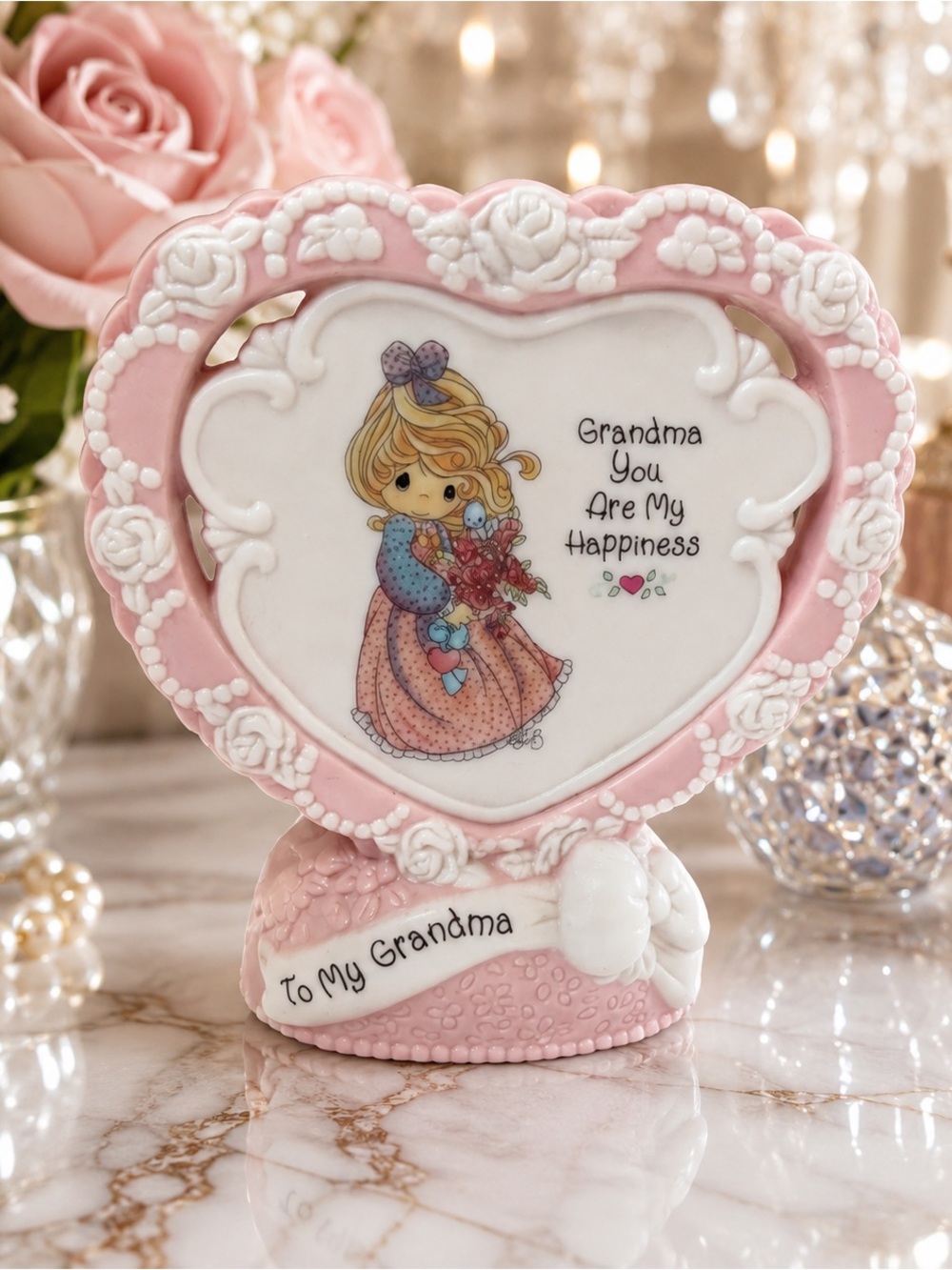 1995 Enesco Precious Moments “Grandma You Are My Happiness” Heart Plaque Pink